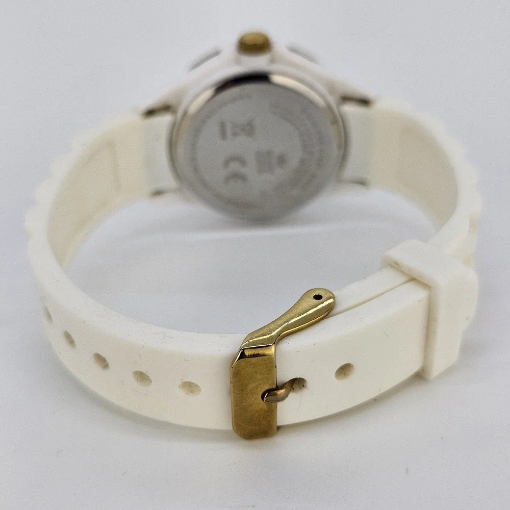 35MM Women Watch White Dial‎ Gold Bezel White Plastic Band Straps New Battery